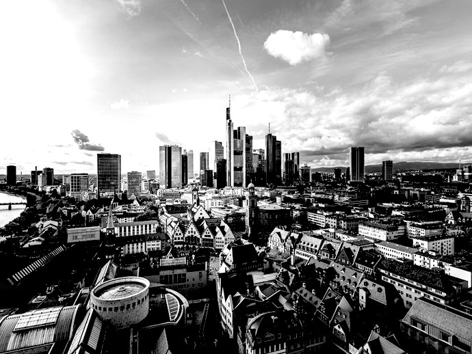 Panoramic view of a city, between historic centre and business district, in black and white
