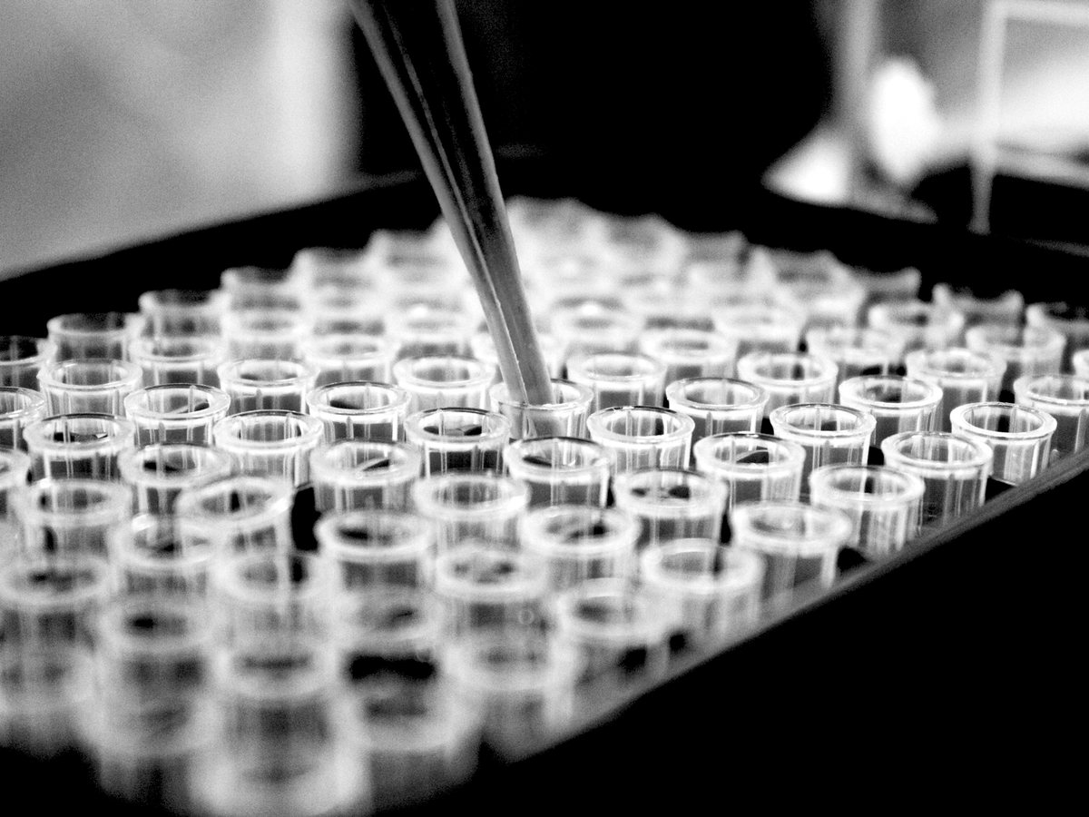 Laboratory tube rack and pipette, in black and white